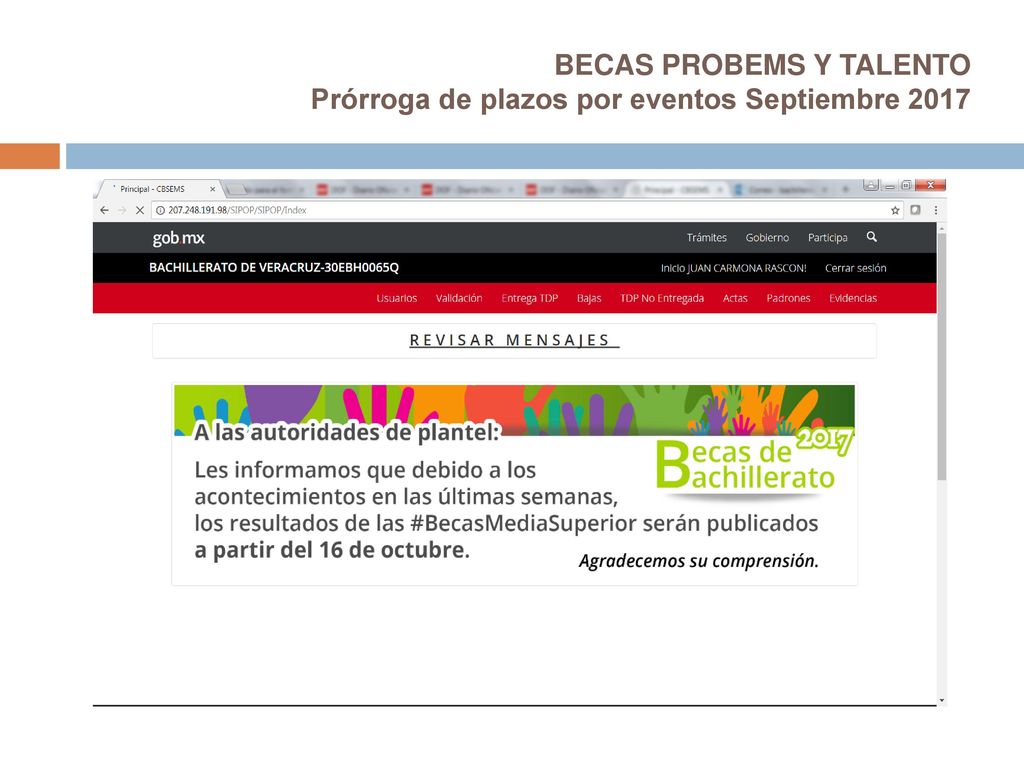 BECAS PROBEMS Y TALENTO Prórroga de plazos por eventos Septiembre 2017