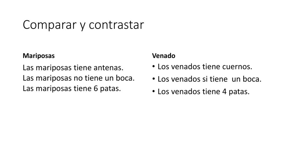 Comparar y contrastar Mariposas. Venado. Las mariposas tiene antenas. Las mariposas no tiene un boca. Las mariposas tiene 6 patas.