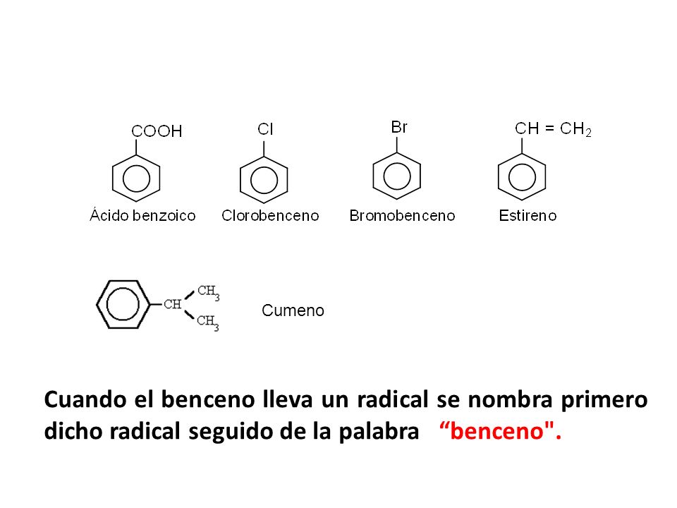 Cumeno Cuando el benceno lleva un radical se nombra primero dicho radical seguido de la palabra benceno .