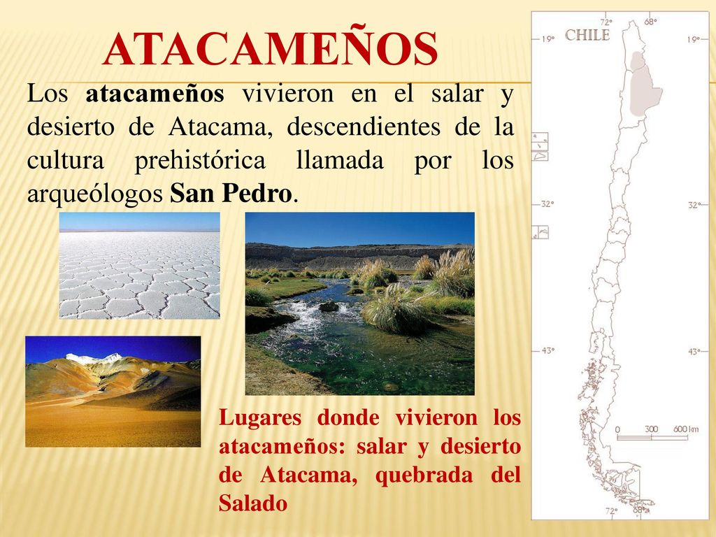 ATACAMEÑOS Los atacameños vivieron en el salar y desierto de Atacama, descendientes de la cultura prehistórica llamada por los arqueólogos San Pedro.