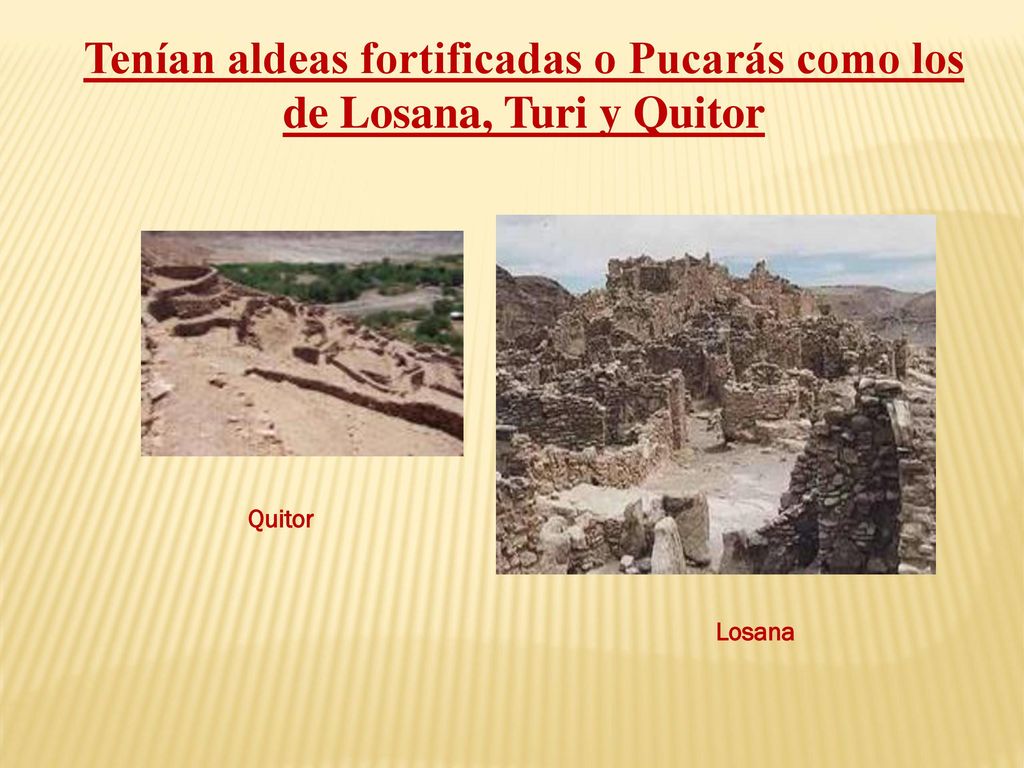 Tenían aldeas fortificadas o Pucarás como los de Losana, Turi y Quitor