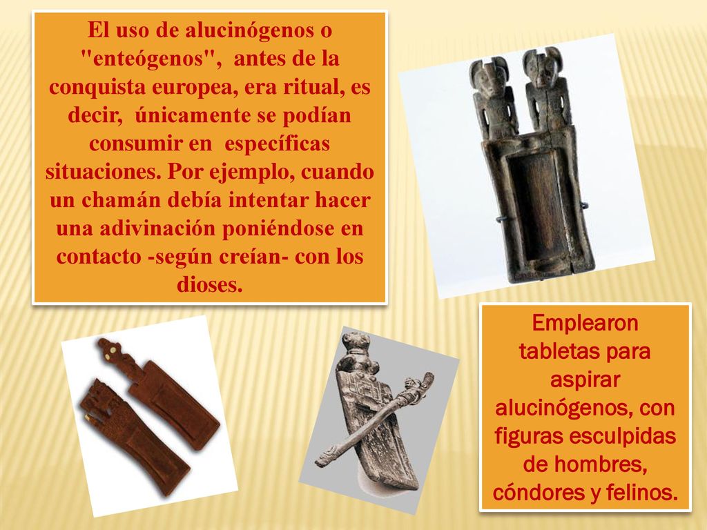 El uso de alucinógenos o enteógenos , antes de la conquista europea, era ritual, es decir, únicamente se podían consumir en específicas situaciones. Por ejemplo, cuando un chamán debía intentar hacer una adivinación poniéndose en contacto -según creían- con los dioses.