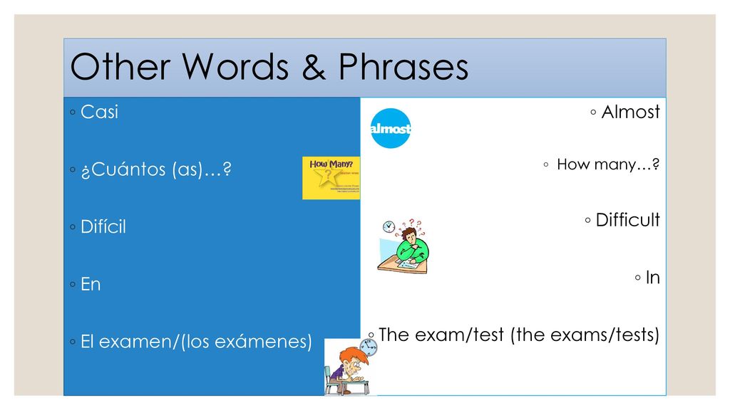 Other Words & Phrases Casi ¿Cuántos (as)… Difícil En
