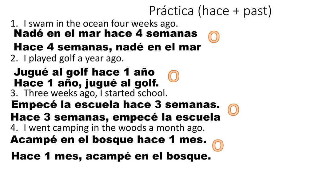 O O O O Práctica (hace + past) I swam in the ocean four weeks ago.