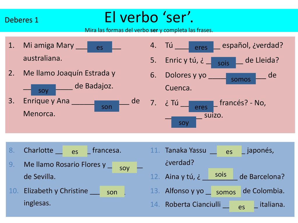 El verbo ‘ser’. Mira las formas del verbo ser y completa las frases.