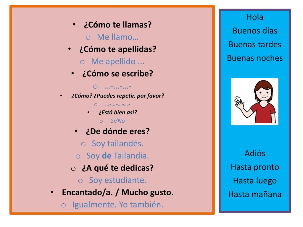 ¿Cómo ¿Puedes repetir, por favor Encantado/a. / Mucho gusto.