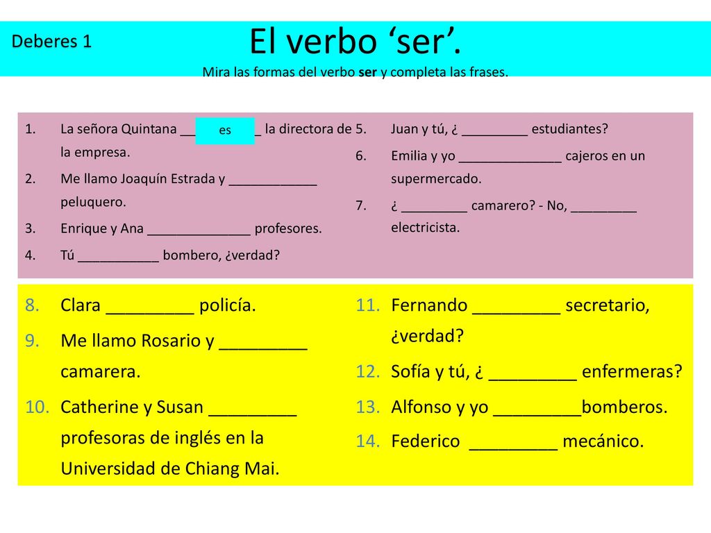 El verbo ‘ser’. Mira las formas del verbo ser y completa las frases.