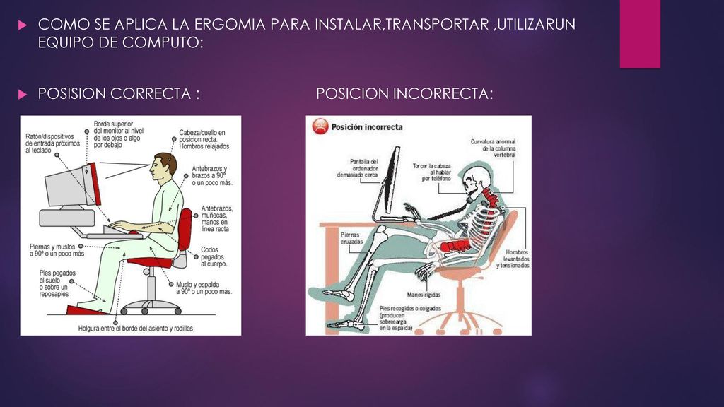COMO SE APLICA LA ERGOMIA PARA INSTALAR,TRANSPORTAR ,UTILIZARUN EQUIPO DE COMPUTO: