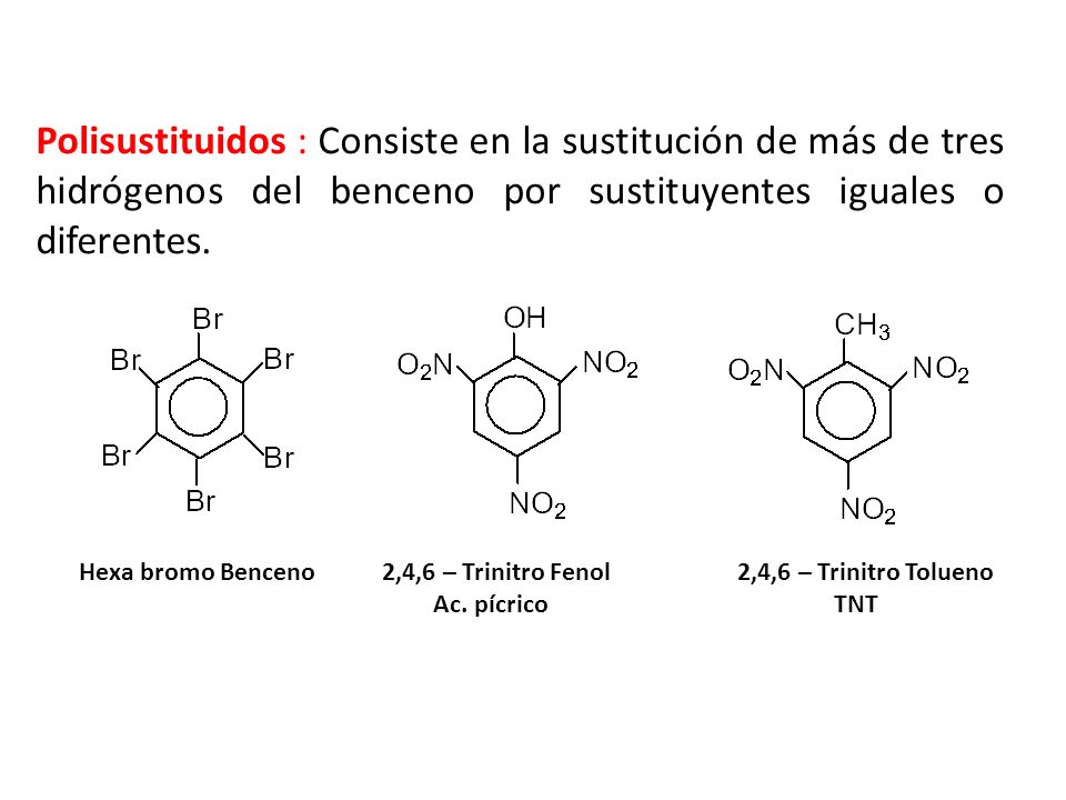 Polisustituidos : Consiste en la sustitución de más de tres hidrógenos del benceno por sustituyentes iguales o diferentes.