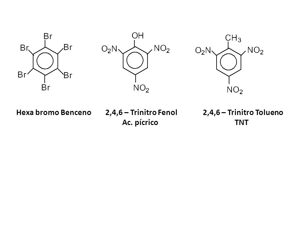 Hexa bromo Benceno 2,4,6 – Trinitro Fenol 2,4,6 – Trinitro Tolueno