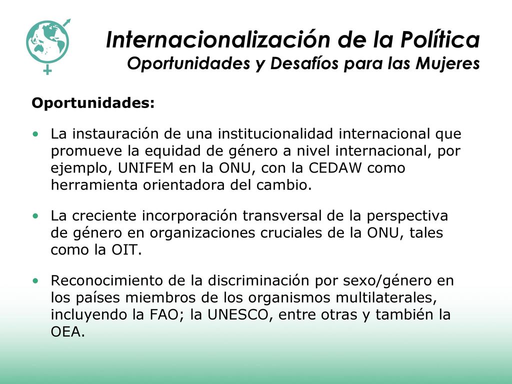 Internacionalización de la Política Oportunidades y Desafíos para las Mujeres