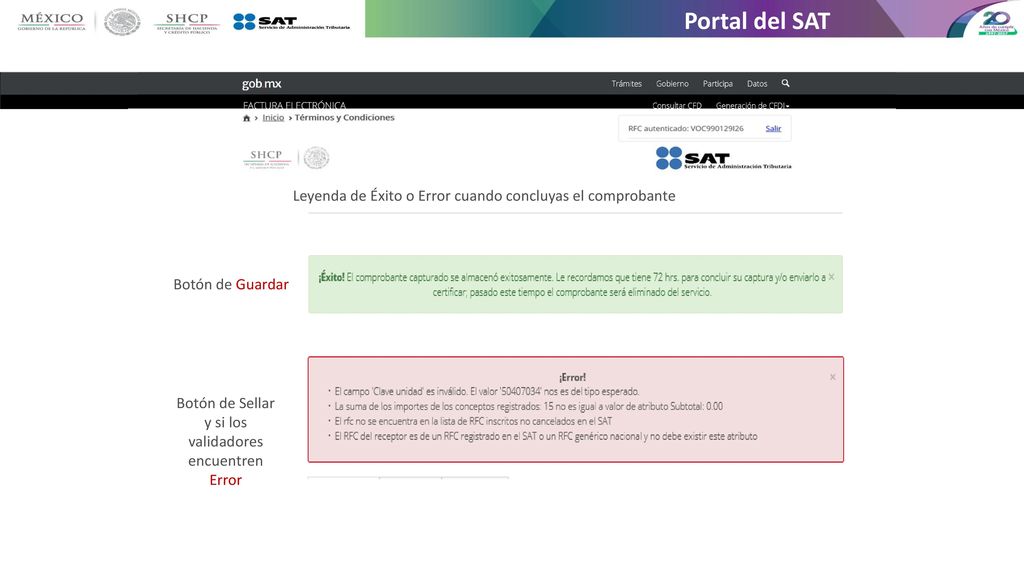 Portal del SAT Leyenda de Éxito o Error cuando concluyas el comprobante.