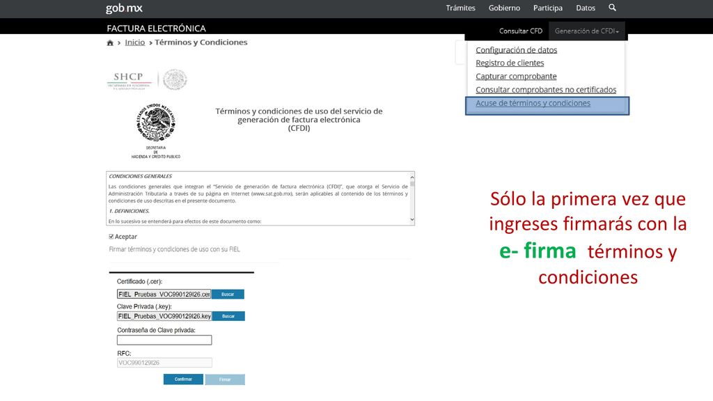 Sólo la primera vez que ingreses firmarás con la e- firma términos y condiciones