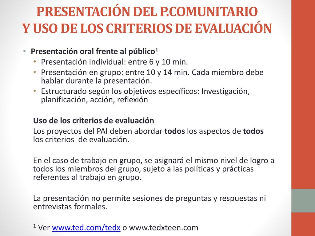 PRESENTACIÓN DEL P.COMUNITARIO Y USO DE LOS CRITERIOS DE EVALUACIÓN