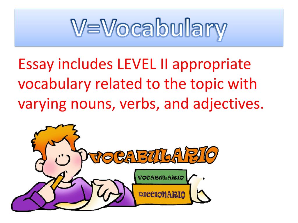 V=Vocabulary Essay includes LEVEL II appropriate vocabulary related to the topic with varying nouns, verbs, and adjectives.