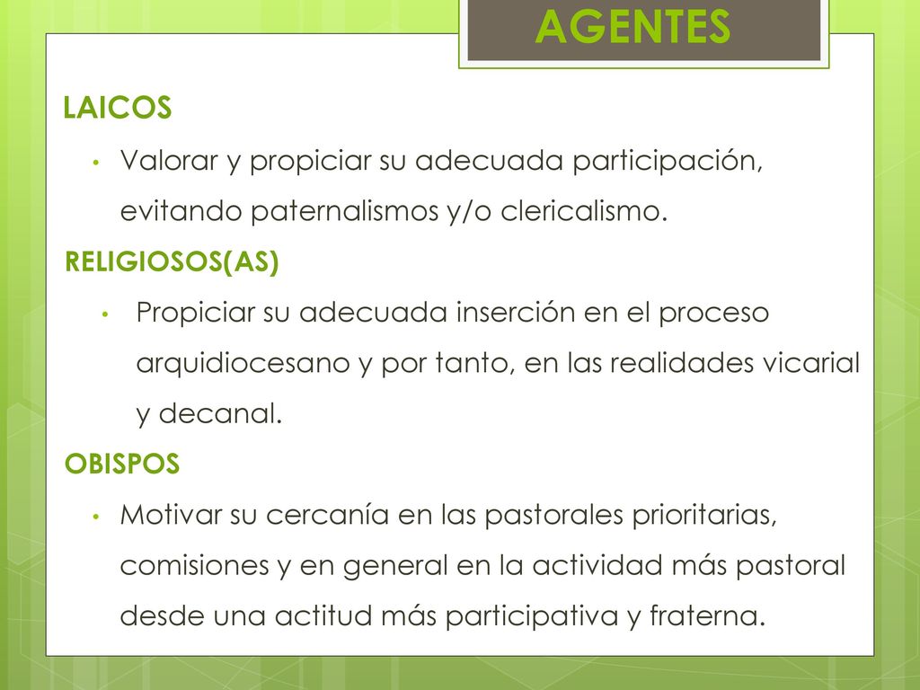 AGENTES LAICOS. Valorar y propiciar su adecuada participación, evitando paternalismos y/o clericalismo.