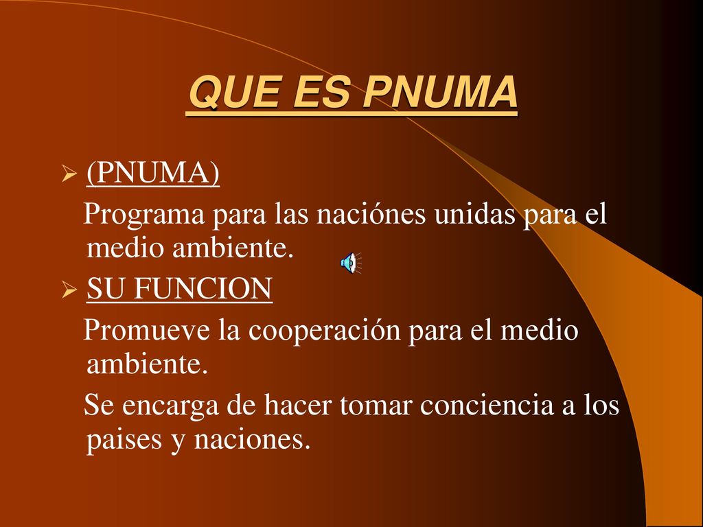 QUE ES PNUMA (PNUMA) Programa para las naciónes unidas para el medio ambiente. SU FUNCION. Promueve la cooperación para el medio ambiente.