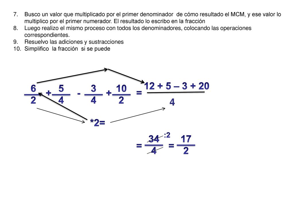 Busco un valor que multiplicado por el primer denominador de cómo resultado el MCM, y ese valor lo multiplico por el primer numerador. El resultado lo escribo en la fracción
