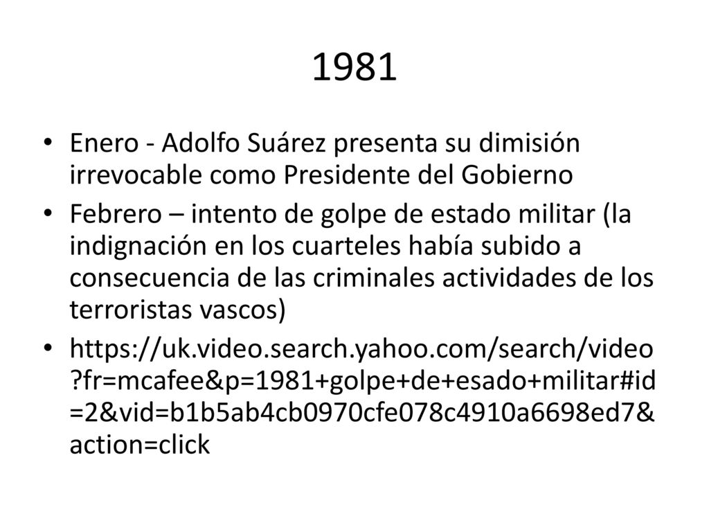 1981 Enero - Adolfo Suárez presenta su dimisión irrevocable como Presidente del Gobierno.