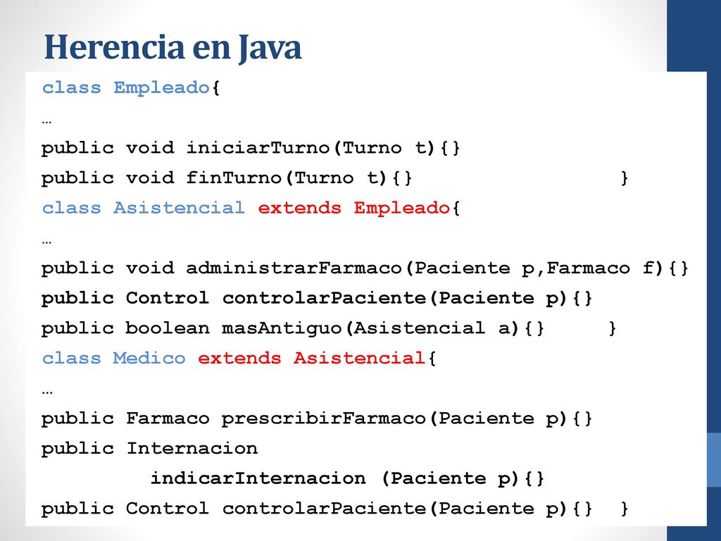 Herencia en Java class Empleado{ … public void iniciarTurno(Turno t){}