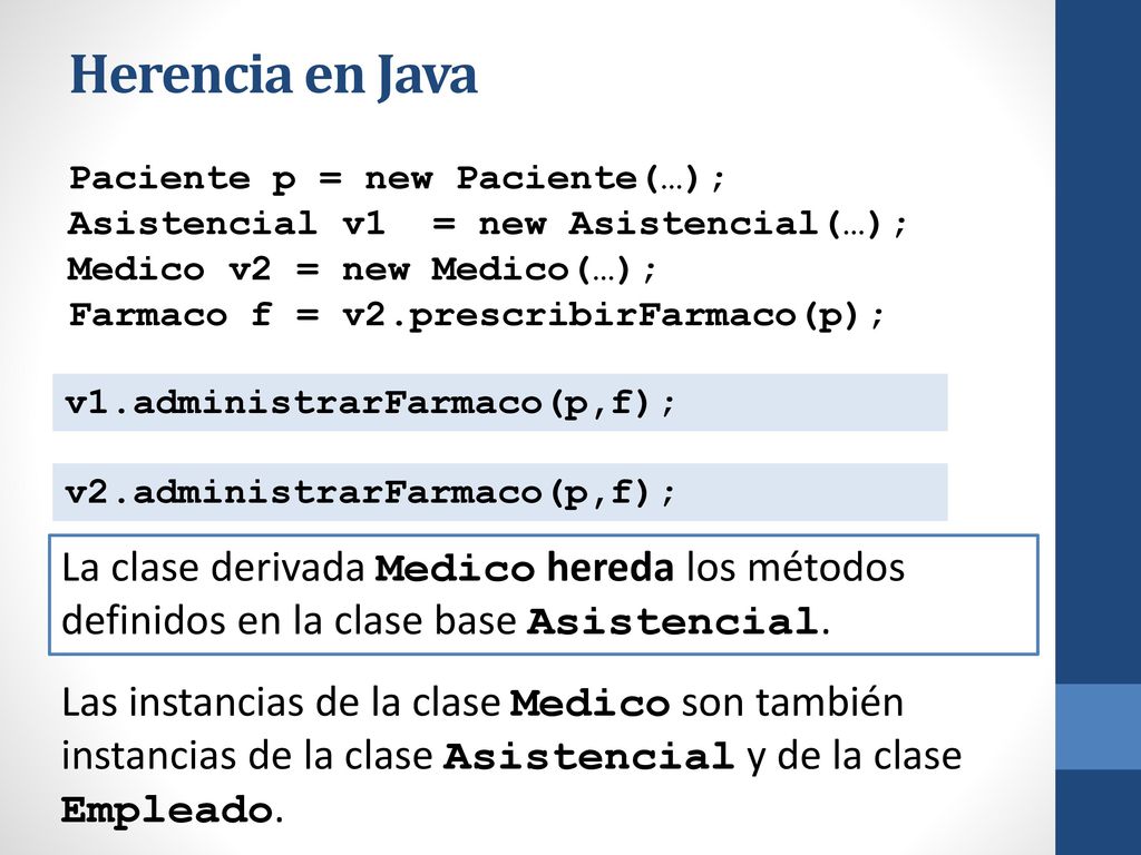 Herencia en Java Paciente p = new Paciente(…); Asistencial v1 = new Asistencial(…); Medico v2 = new Medico(…);