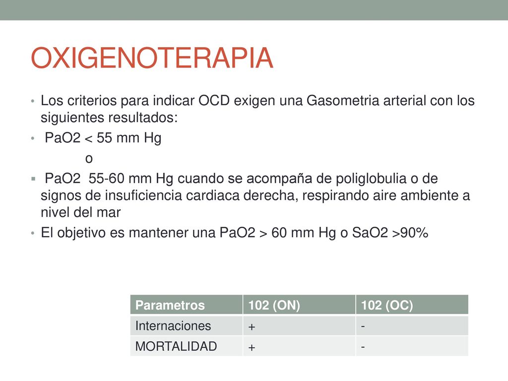 OXIGENOTERAPIA Los criterios para indicar OCD exigen una Gasometria arterial con los siguientes resultados: