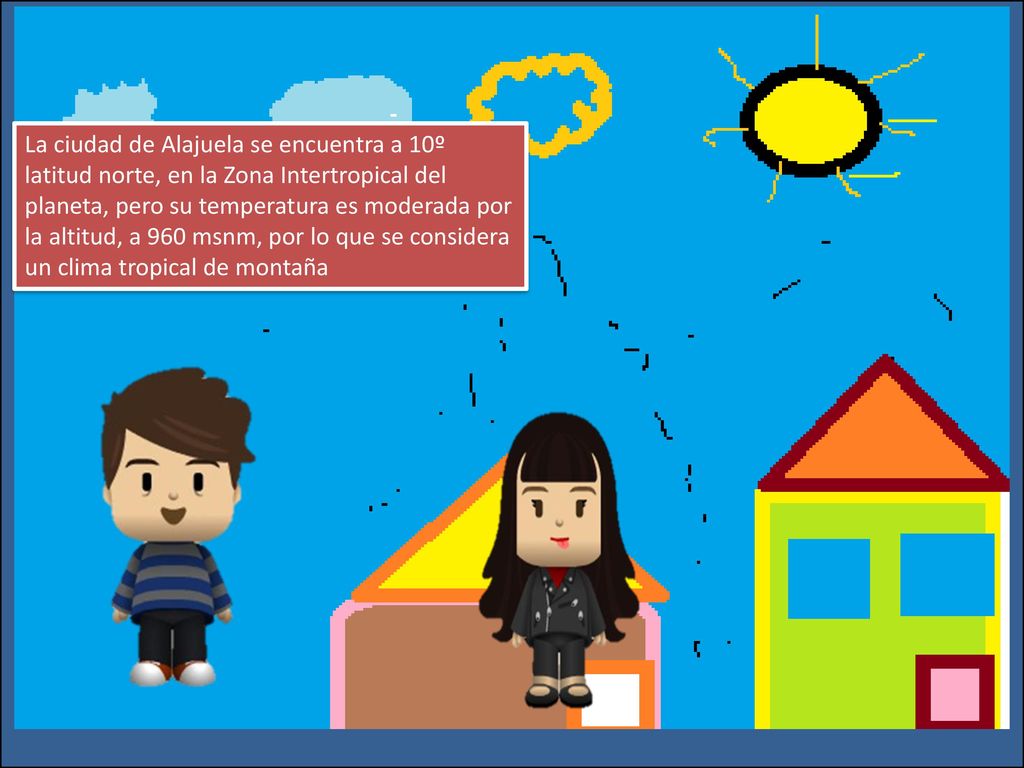 La ciudad de Alajuela se encuentra a 10º latitud norte, en la Zona Intertropical del planeta, pero su temperatura es moderada por la altitud, a 960 msnm, por lo que se considera un clima tropical de montaña