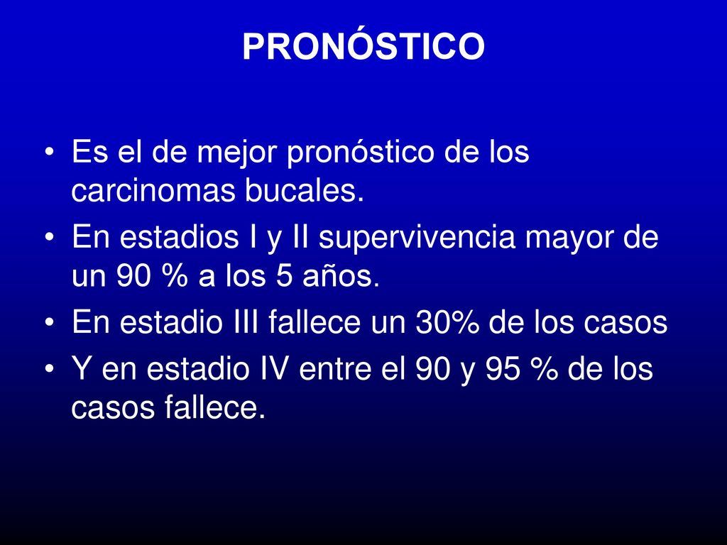 PRONÓSTICO Es el de mejor pronóstico de los carcinomas bucales.