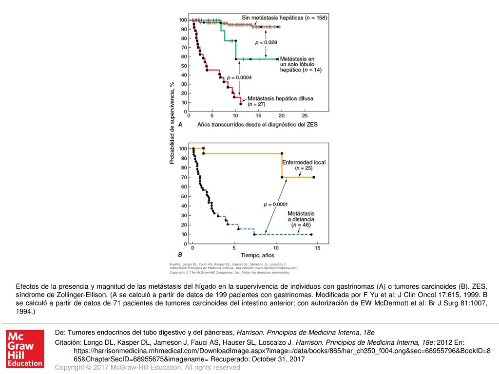 Efectos de la presencia y magnitud de las metástasis del hígado en la supervivencia de individuos con gastrinomas (A) o tumores carcinoides (B). ZES, síndrome de Zollinger-Ellison. (A se calculó a partir de datos de 199 pacientes con gastrinomas. Modificada por F Yu et al: J Clin Oncol 17:615, B se calculó a partir de datos de 71 pacientes de tumores carcinoides del intestino anterior; con autorización de EW McDermott et al: Br J Surg 81:1007, 1994.)