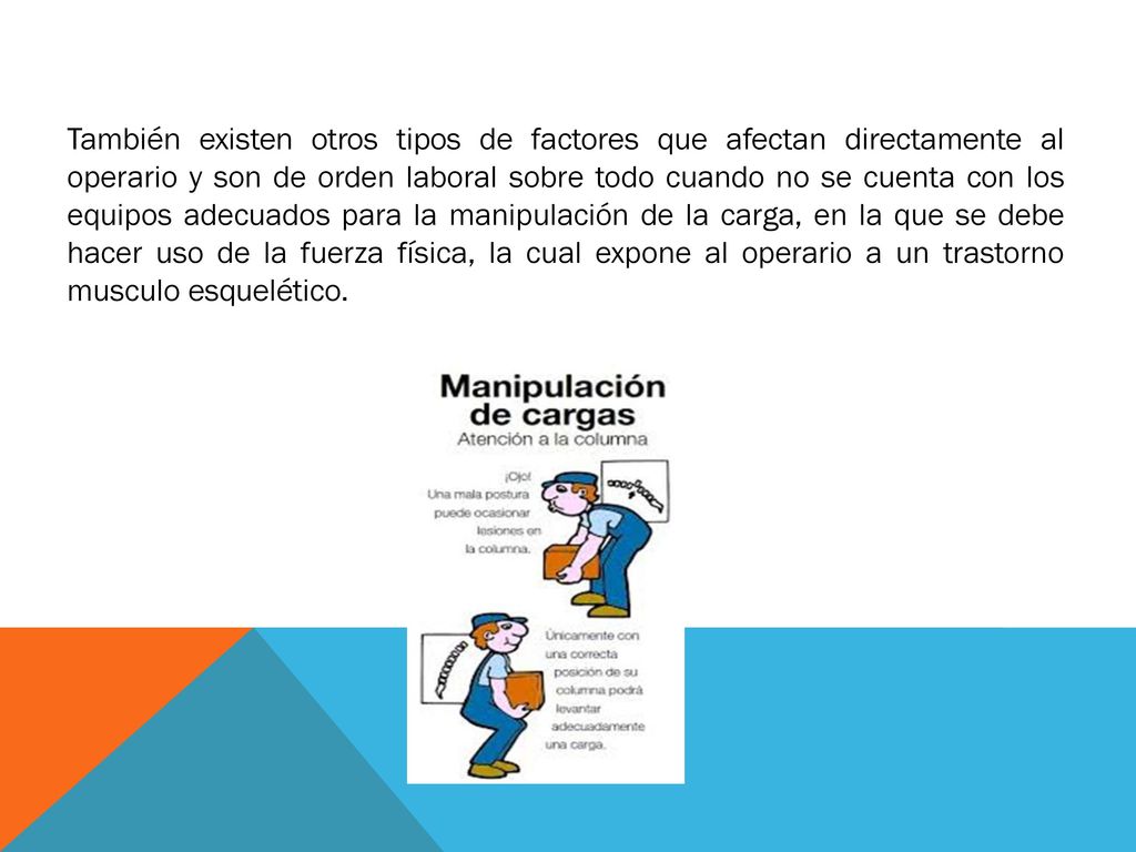 También existen otros tipos de factores que afectan directamente al operario y son de orden laboral sobre todo cuando no se cuenta con los equipos adecuados para la manipulación de la carga, en la que se debe hacer uso de la fuerza física, la cual expone al operario a un trastorno musculo esquelético.