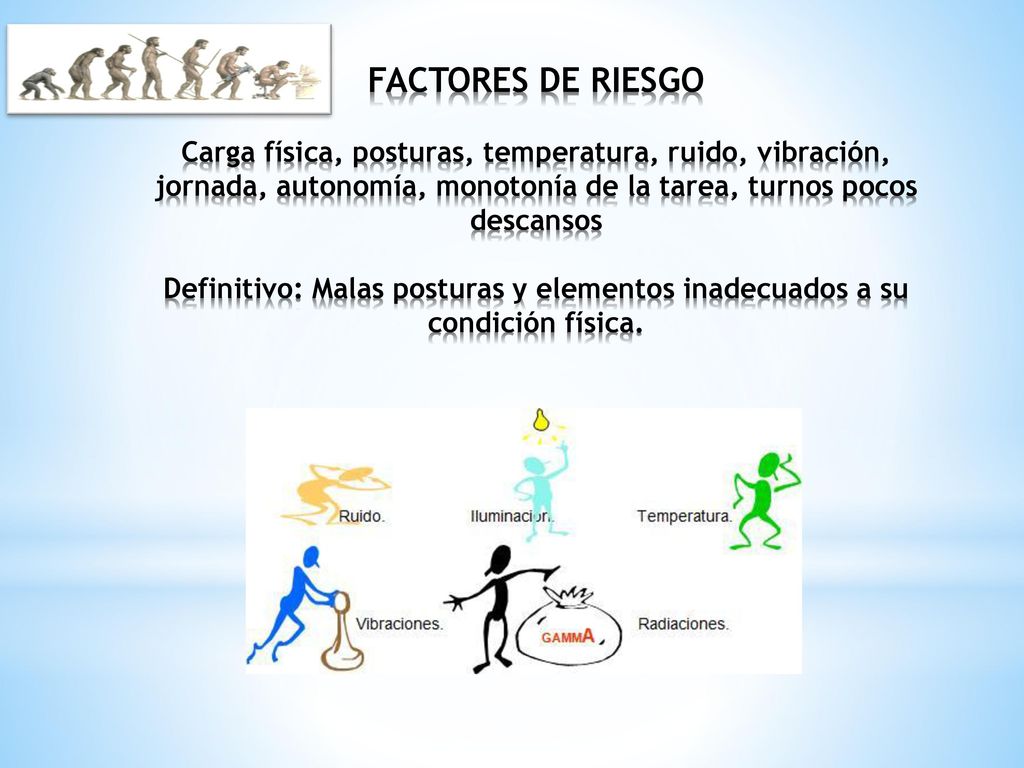FACTORES DE RIESGO Carga física, posturas, temperatura, ruido, vibración, jornada, autonomía, monotonía de la tarea, turnos pocos descansos Definitivo: Malas posturas y elementos inadecuados a su condición física.