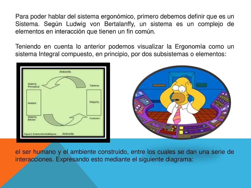 Para poder hablar del sistema ergonómico, primero debemos definir que es un Sistema. Según Ludwig von Bertalanffy, un sistema es un complejo de elementos en interacción que tienen un fin común.