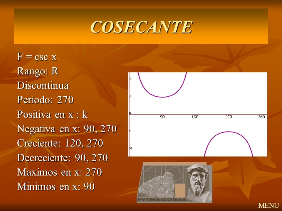 COSECANTE F = csc x Rango: R Discontinua Periodo: 270