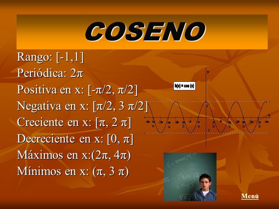 COSENO h(x) = cos (x) Rango: [-1,1] Periódica: 2π