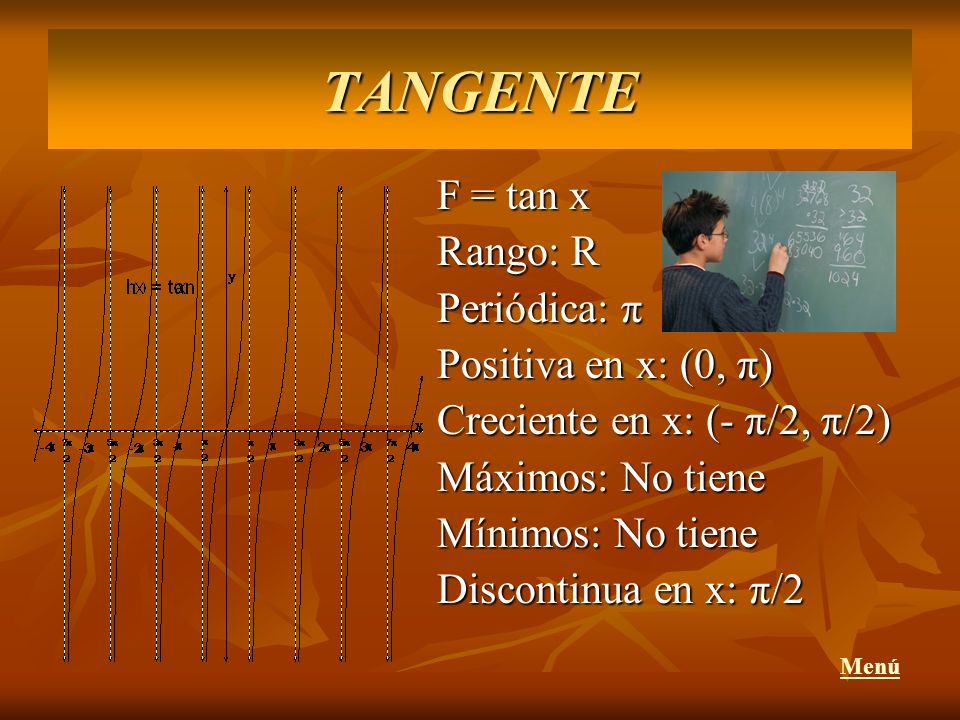 TANGENTE F = tan x Rango: R Periódica: π Positiva en x: (0, π)