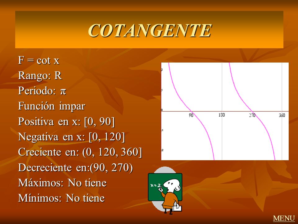 COTANGENTE F = cot x Rango: R Periodo: π Función impar