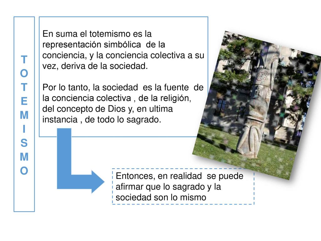 TOTEMISMO En suma el totemismo es la representación simbólica de la conciencia, y la conciencia colectiva a su vez, deriva de la sociedad.