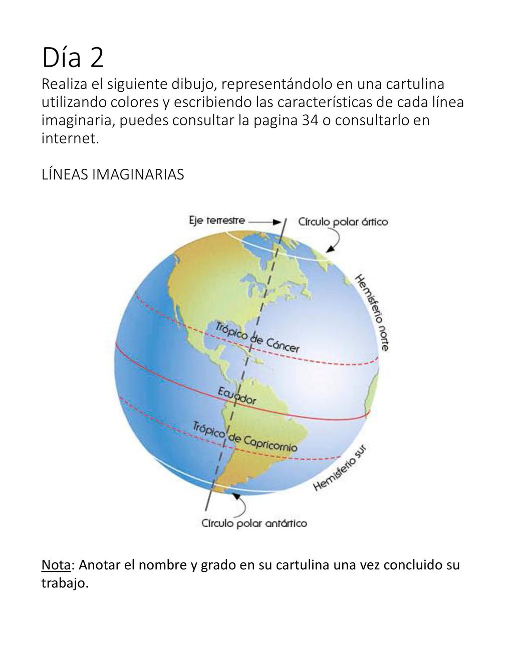 Día 2 Realiza el siguiente dibujo, representándolo en una cartulina utilizando colores y escribiendo las características de cada línea imaginaria, puedes consultar la pagina 34 o consultarlo en internet. LÍNEAS IMAGINARIAS