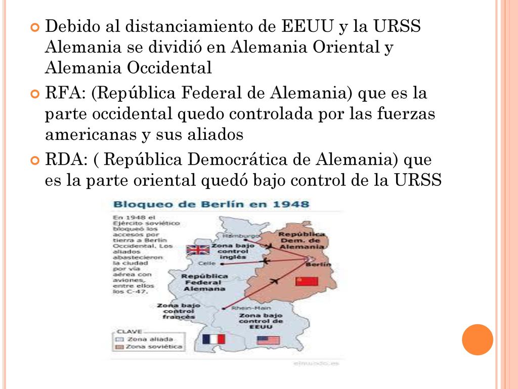 Debido al distanciamiento de EEUU y la URSS Alemania se dividió en Alemania Oriental y Alemania Occidental