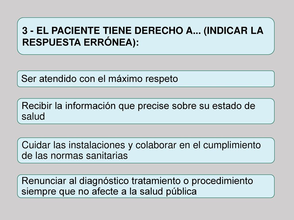 3 - EL PACIENTE TIENE DERECHO A... (INDICAR LA RESPUESTA ERRÓNEA):
