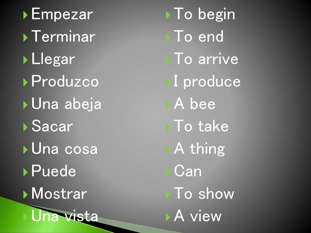 Empezar Terminar. Llegar. Produzco. Una abeja. Sacar. Una cosa. Puede. Mostrar. Una vista. To begin.