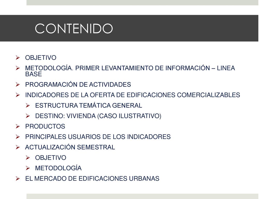 CONTENIDO OBJETIVO. METODOLOGÍA. PRIMER LEVANTAMIENTO DE INFORMACIÓN – LINEA BASE. PROGRAMACIÓN DE ACTIVIDADES.