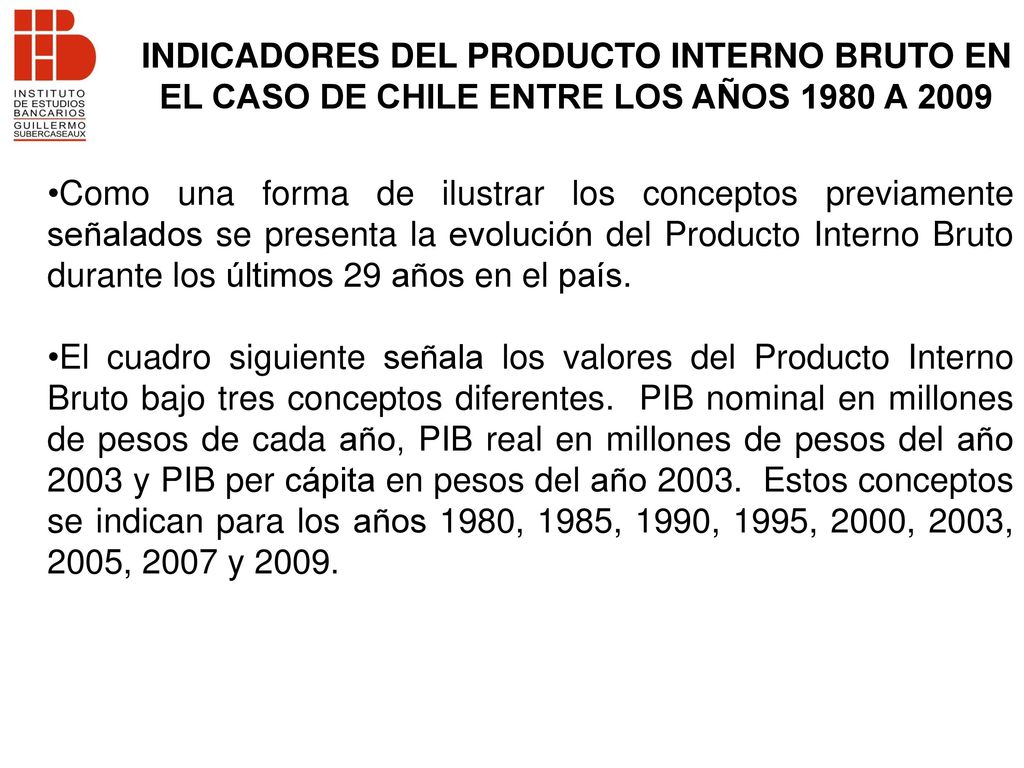 INDICADORES DEL PRODUCTO INTERNO BRUTO EN EL CASO DE CHILE ENTRE LOS AÑOS 1980 A 2009