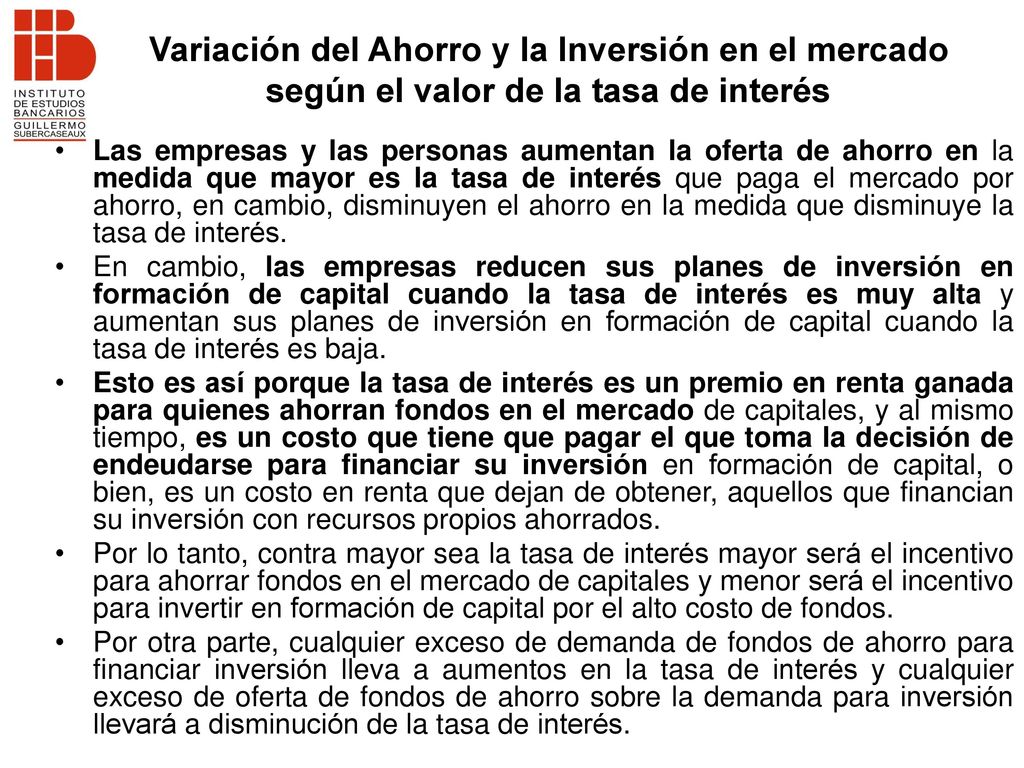 Variación del Ahorro y la Inversión en el mercado según el valor de la tasa de interés