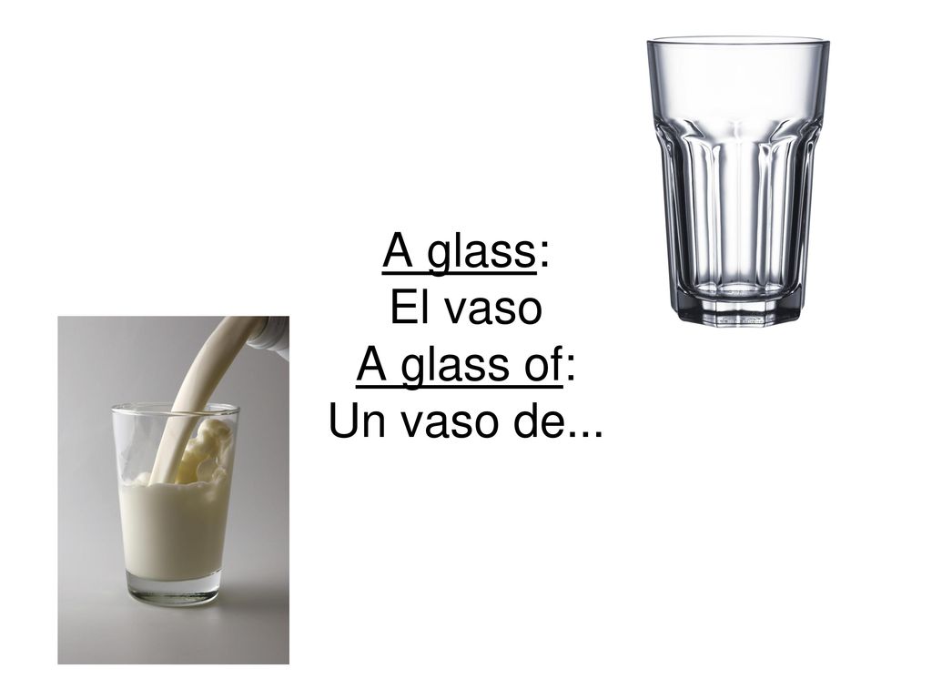 A glass: El vaso A glass of: Un vaso de...