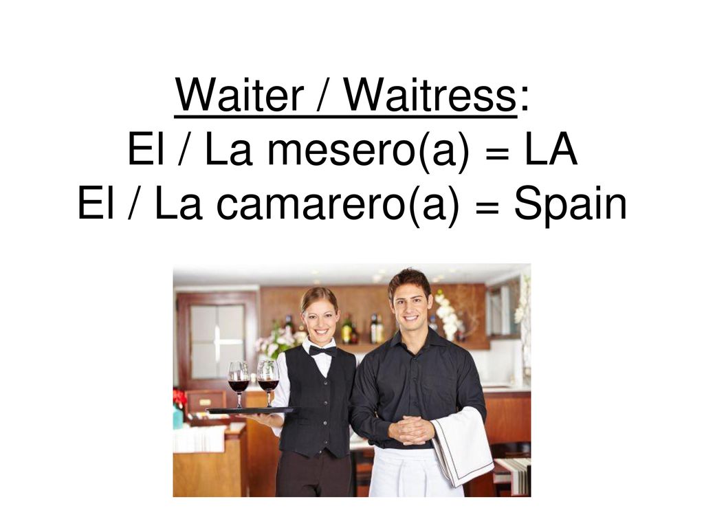 Waiter / Waitress: El / La mesero(a) = LA El / La camarero(a) = Spain