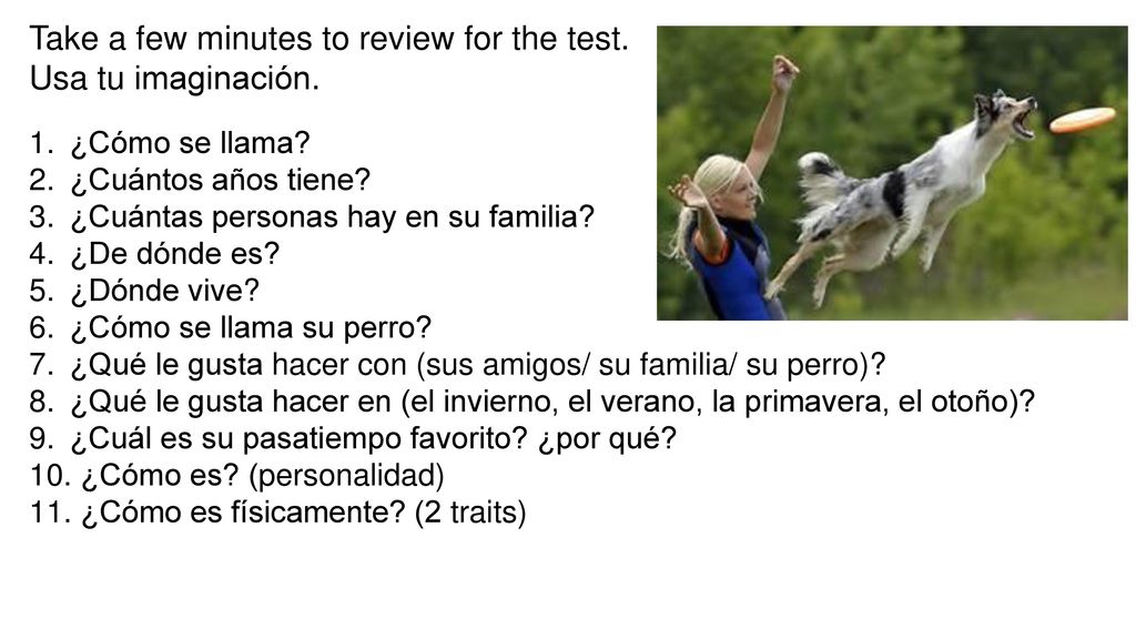 Take a few minutes to review for the test. Usa tu imaginación.