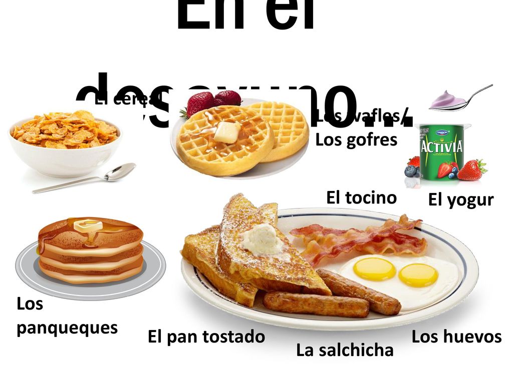En el desayuno… El cereal Los wafles/ Los gofres El tocino El yogur