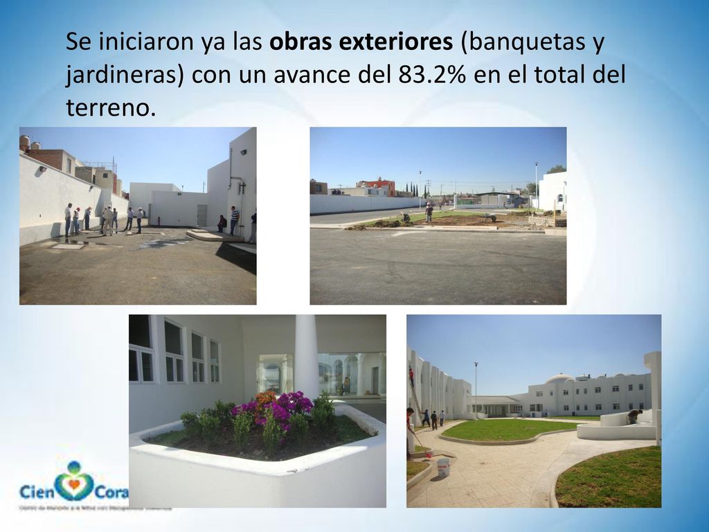 Se iniciaron ya las obras exteriores (banquetas y jardineras) con un avance del 83.2% en el total del terreno.