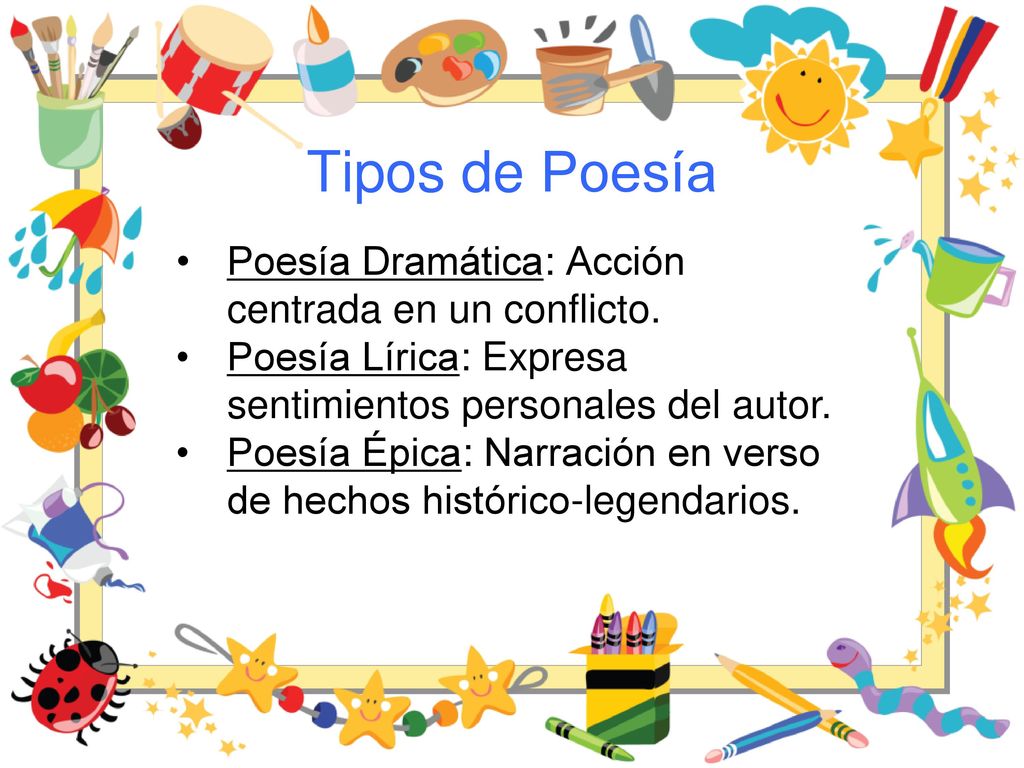 Tipos de Poesía Poesía Dramática: Acción centrada en un conflicto.